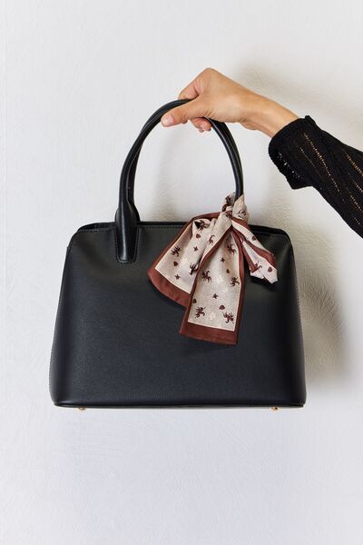 Black Vegan Leather Handbag With Brown Scarf - TGC Boutique - Handbags