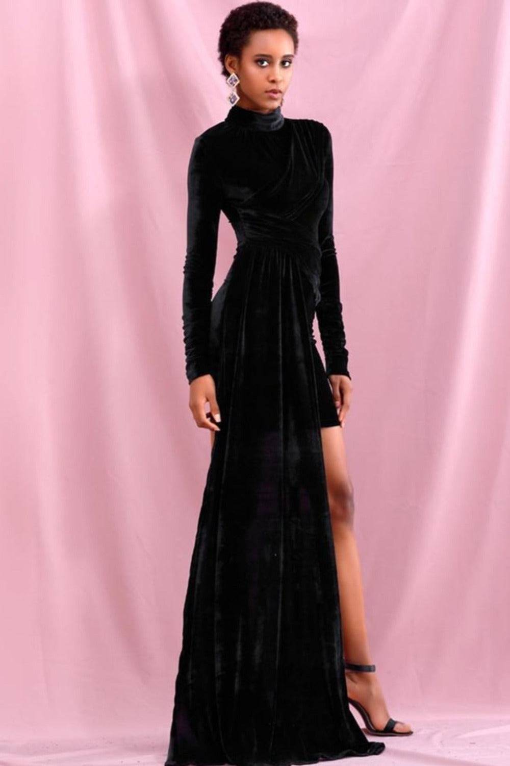 Black Velvet Bodycon Mini Dress With Train - TGC Boutique - Bodycon Dress
