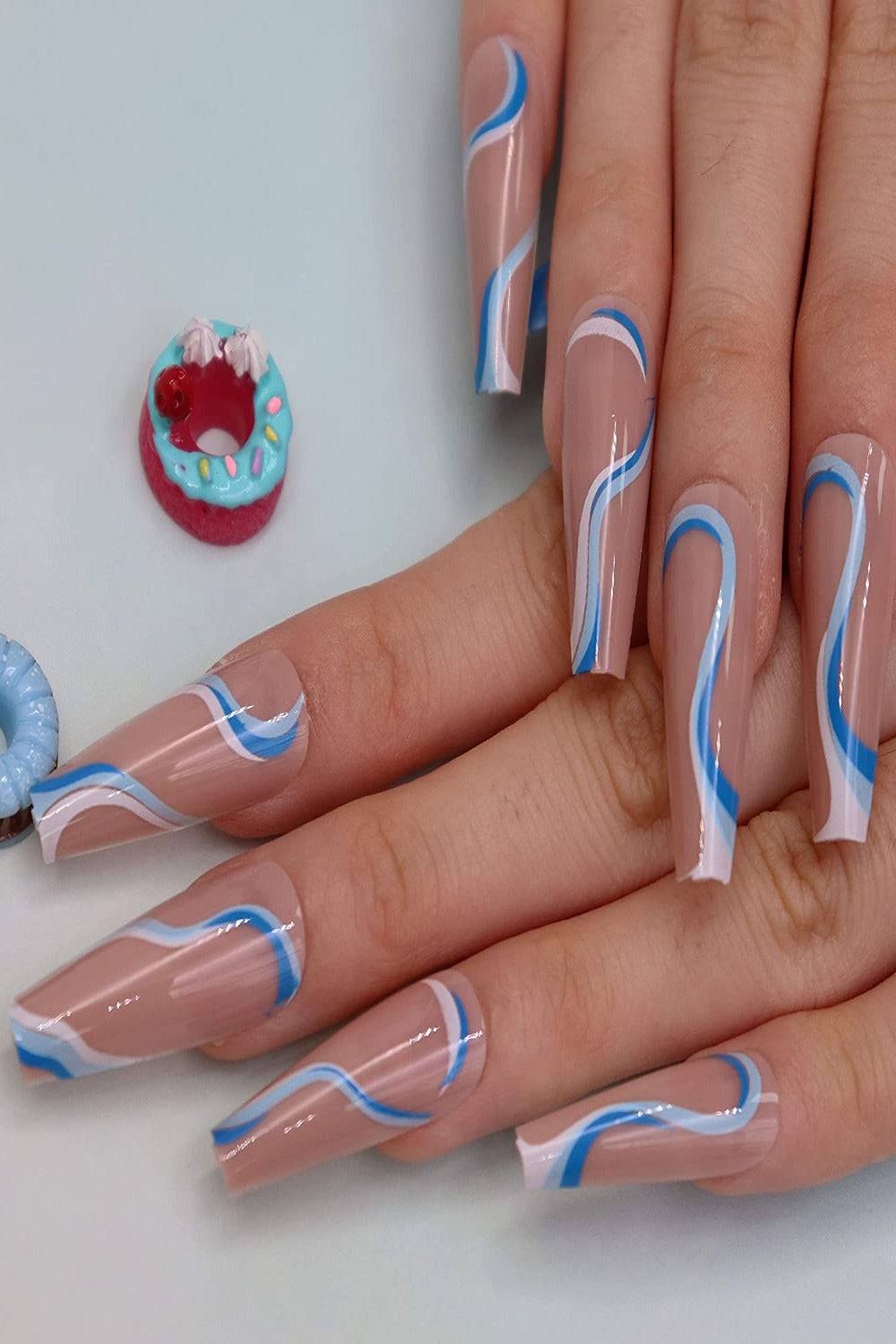 Blue And White Swirl Coffin Press On Nails Kit - TGC Boutique - Press On Nails