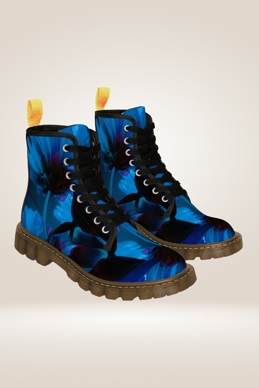 Blue Flower Print Combat Boots - Brown Sole - TGC Boutique - Boots