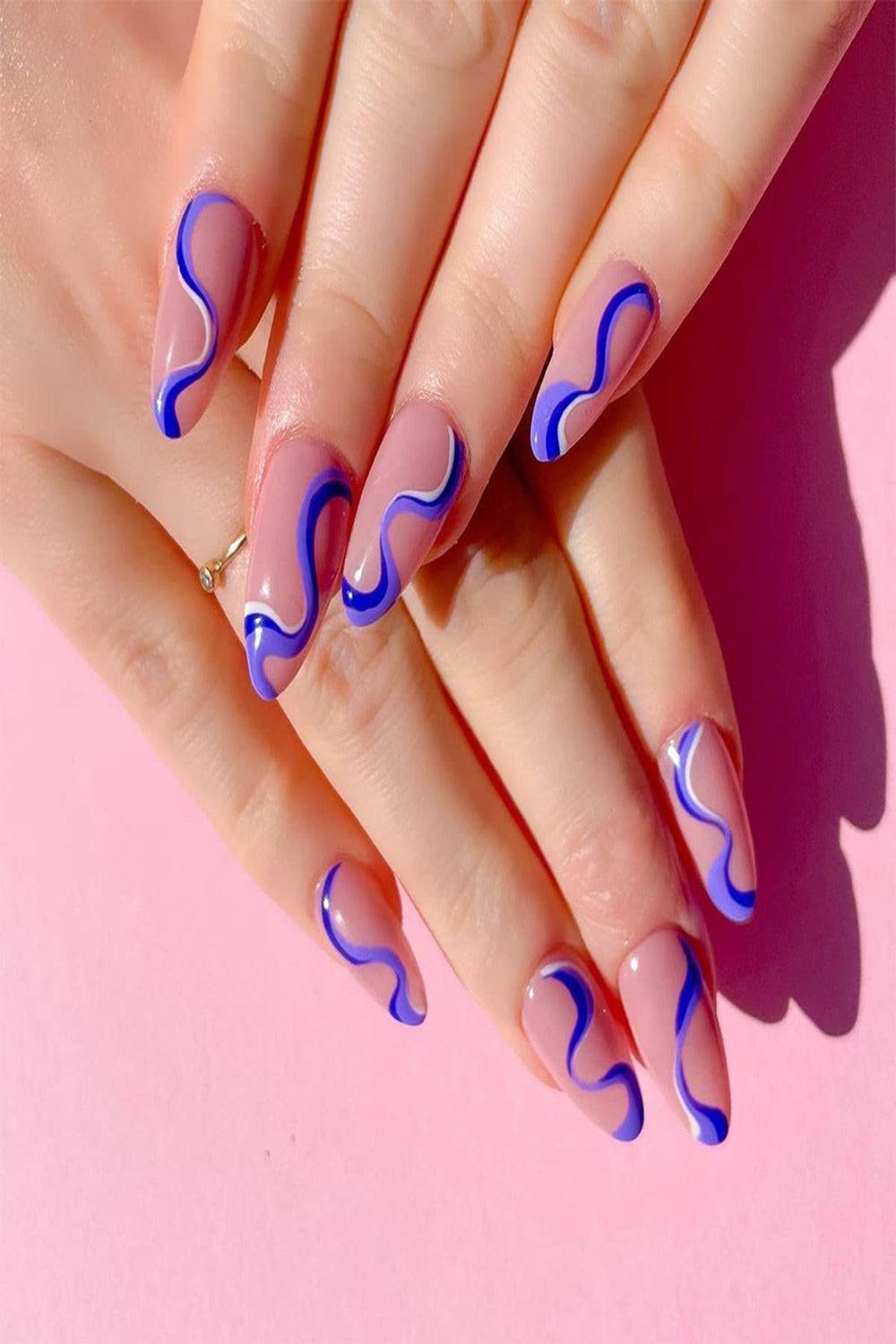 Blue French Tip Wave Swirl Press On Nails Kit - TGC Boutique - Press On Nails
