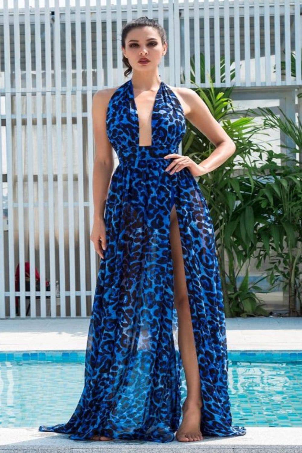Blue Leopard Print Chiffon Maxi Dress - TGC Boutique Blue Leopard Print Chiffon Maxi Dress - TGC Boutique