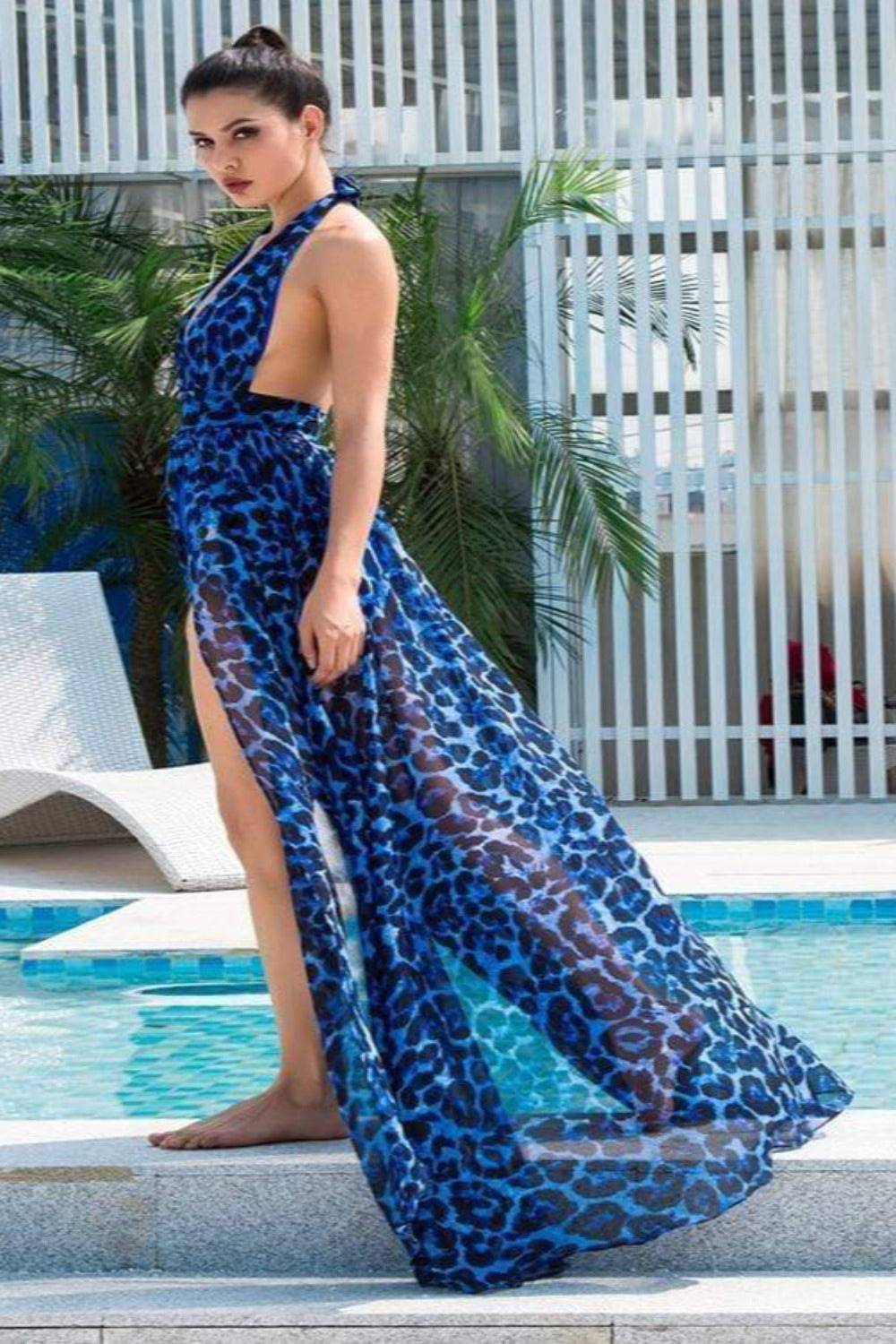 Blue Leopard Print Chiffon Maxi Dress - TGC Boutique - Maxi Dress