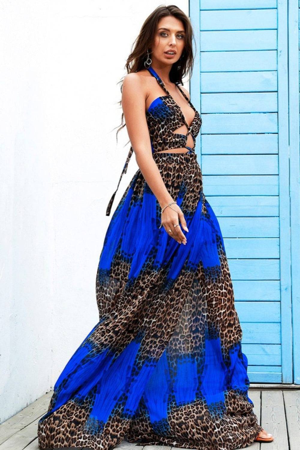 Blue Leopard Print Cut Out Boho Maxi Dress - TGC Boutique - maxi dress
