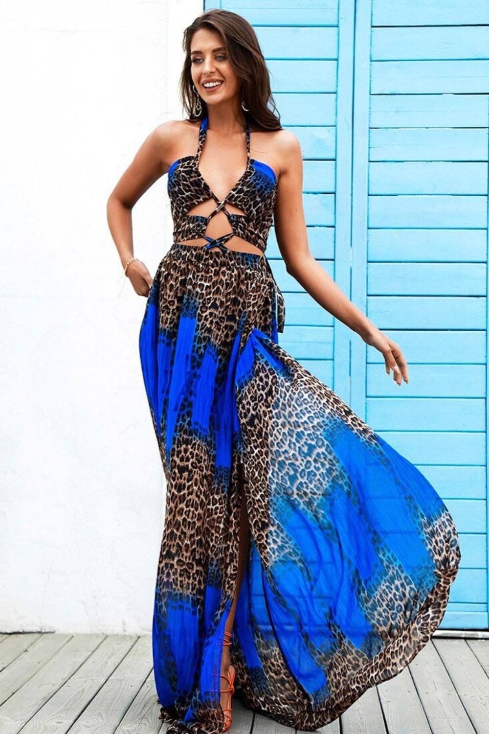 Blue Leopard Print Cut Out Boho Maxi Dress - TGC Boutique - maxi dress