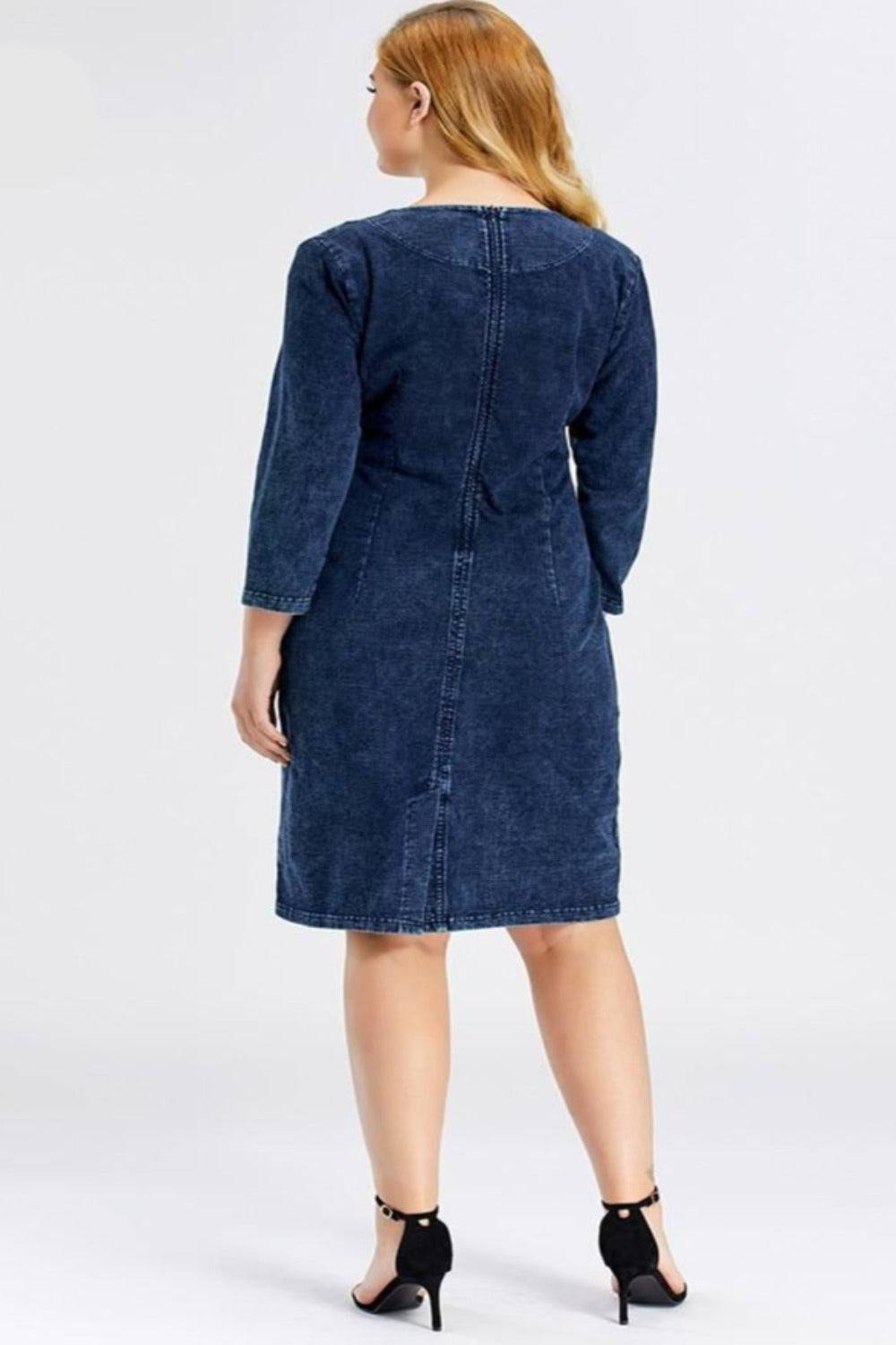 Blue Plus Size Long Sleeve Elastic Bodycon Slim Fit Midi Denim Dress - TGC Boutique - Plus Size Denim Dress