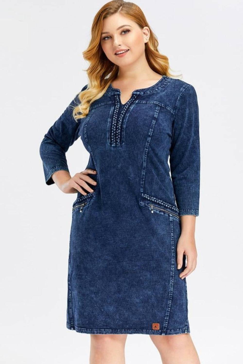 Blue Plus Size Long Sleeve Elastic Bodycon Slim Fit Midi Denim Dress - TGC Boutique - Plus Size Denim Dress