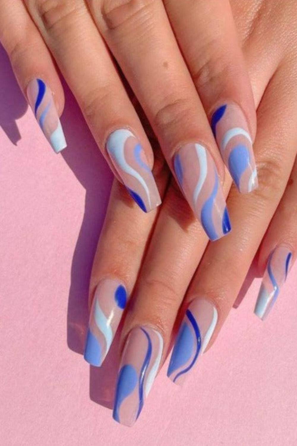 Blue Wave Swirl French Tip Almond Press On Nails Kit - TGC Boutique - Press On Nails