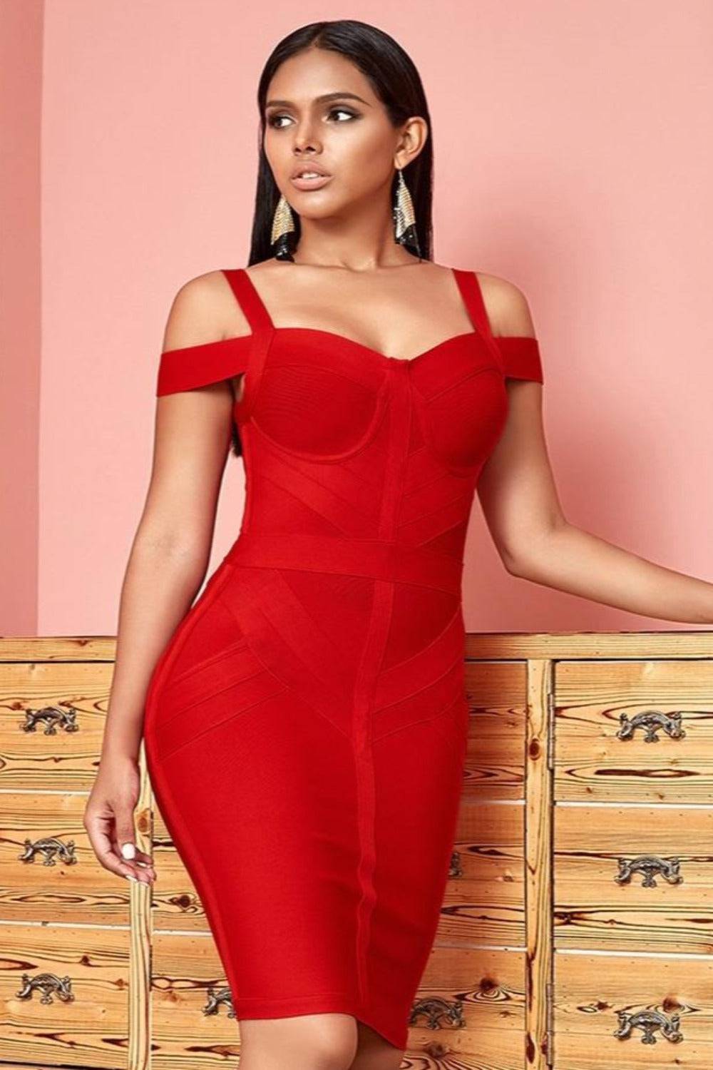 Body Contour Bustier Red Bodycon above knee Midi Dress - TGC Boutique - Bodycon Dress