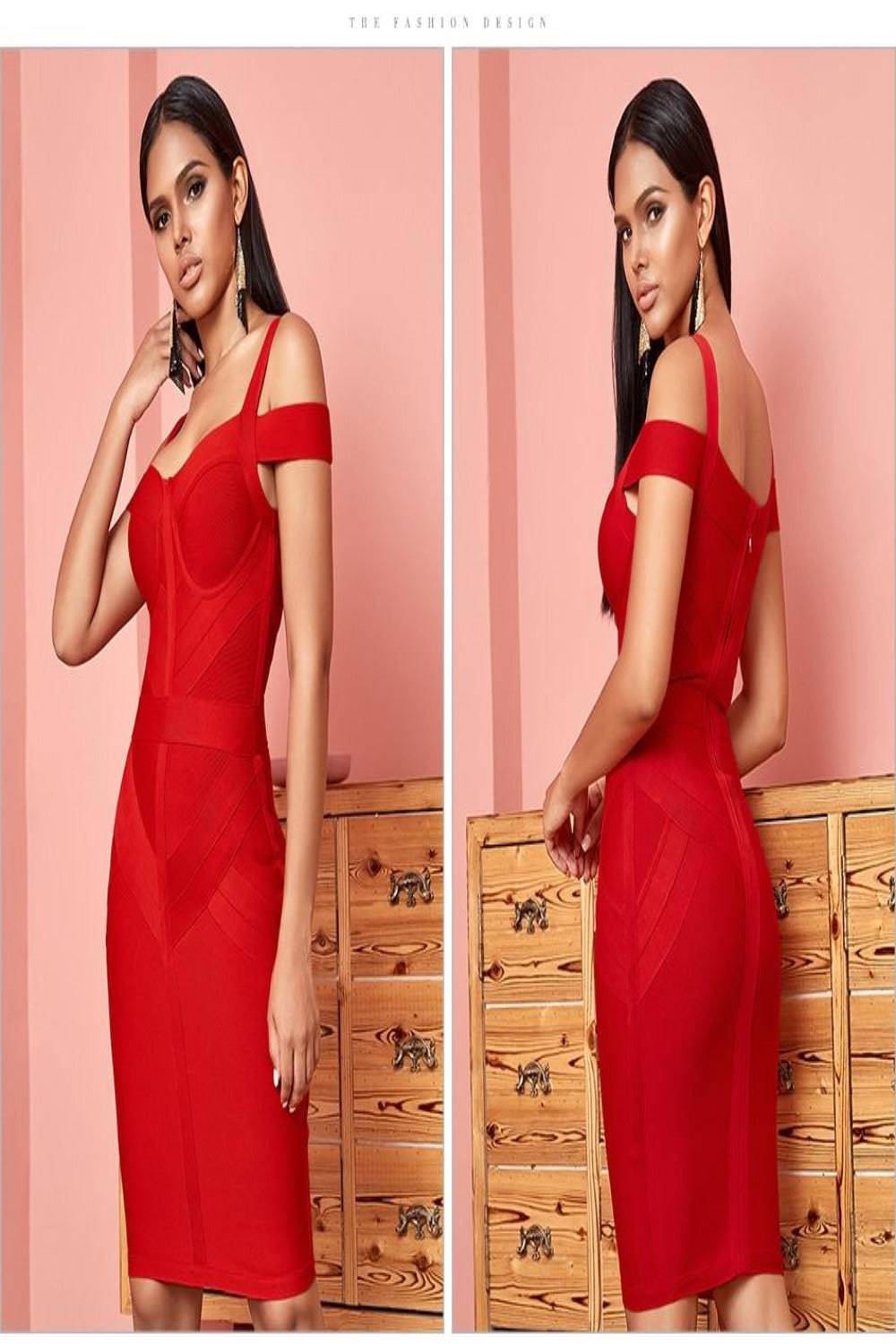 Body Contour Bustier Red Bodycon above knee Midi Dress - TGC Boutique - Bodycon Dress