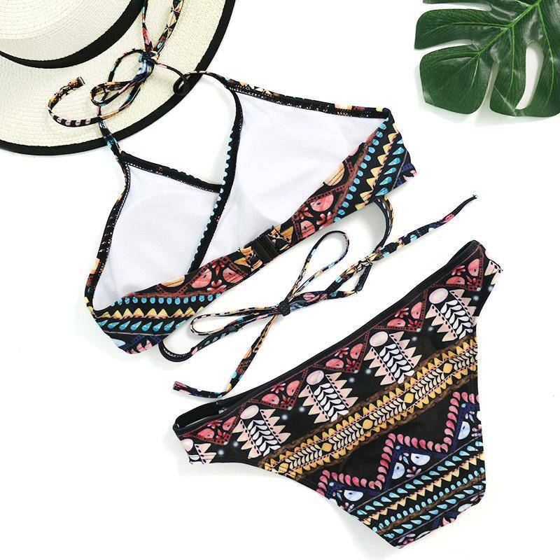 Bohemian Bandage Aztec Print Strappy Bikini Set - TGC Boutique - Bohemian Print Swimsuit