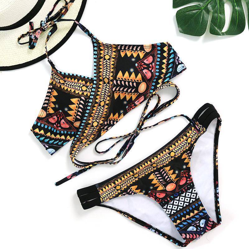 Bohemian Bandage Aztec Print Strappy Bikini Set - TGC Boutique - Bohemian Print Swimsuit