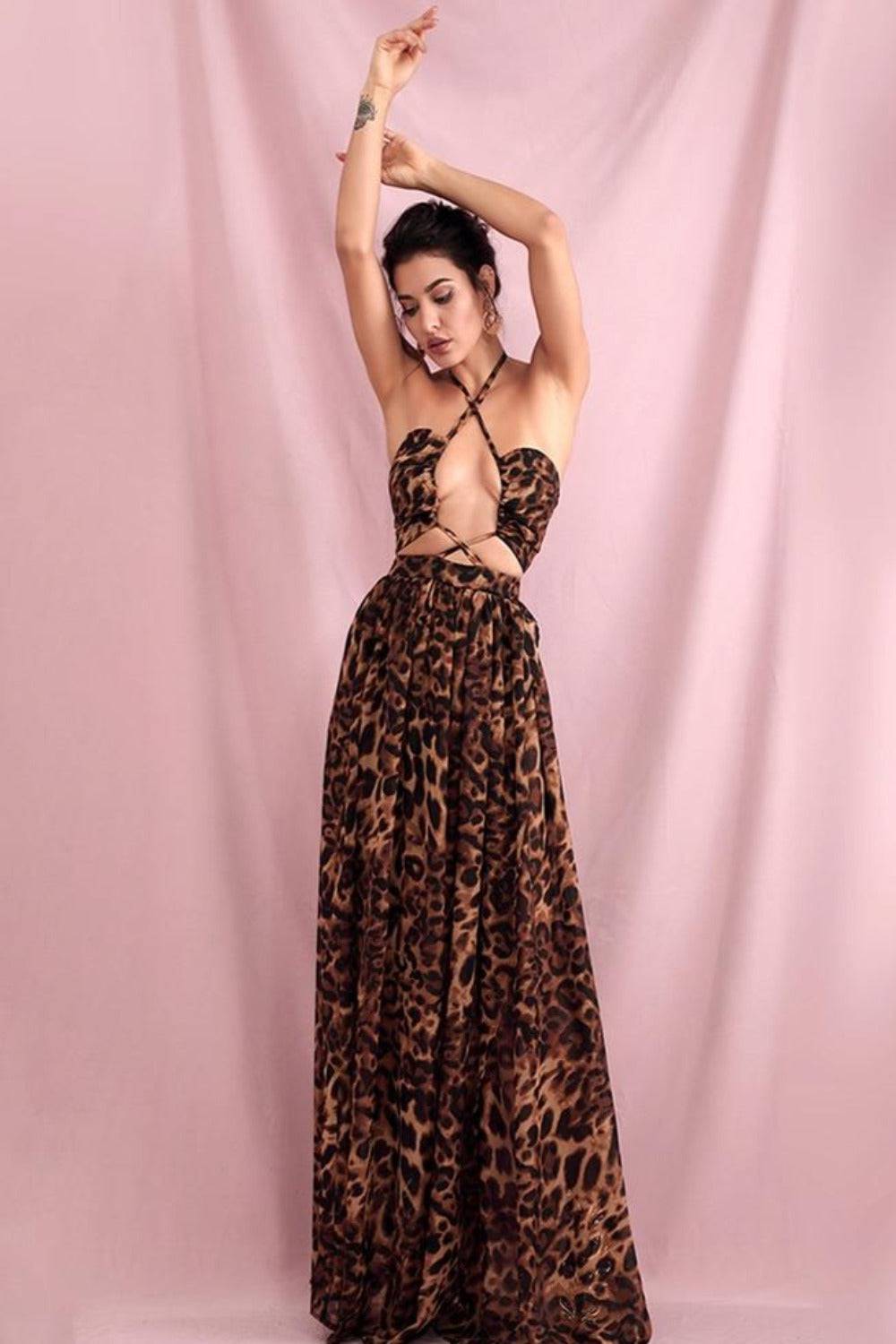 Brown Leopard Cut Out Chiffon Maxi Dress - TGC Boutique - Leopard Dress