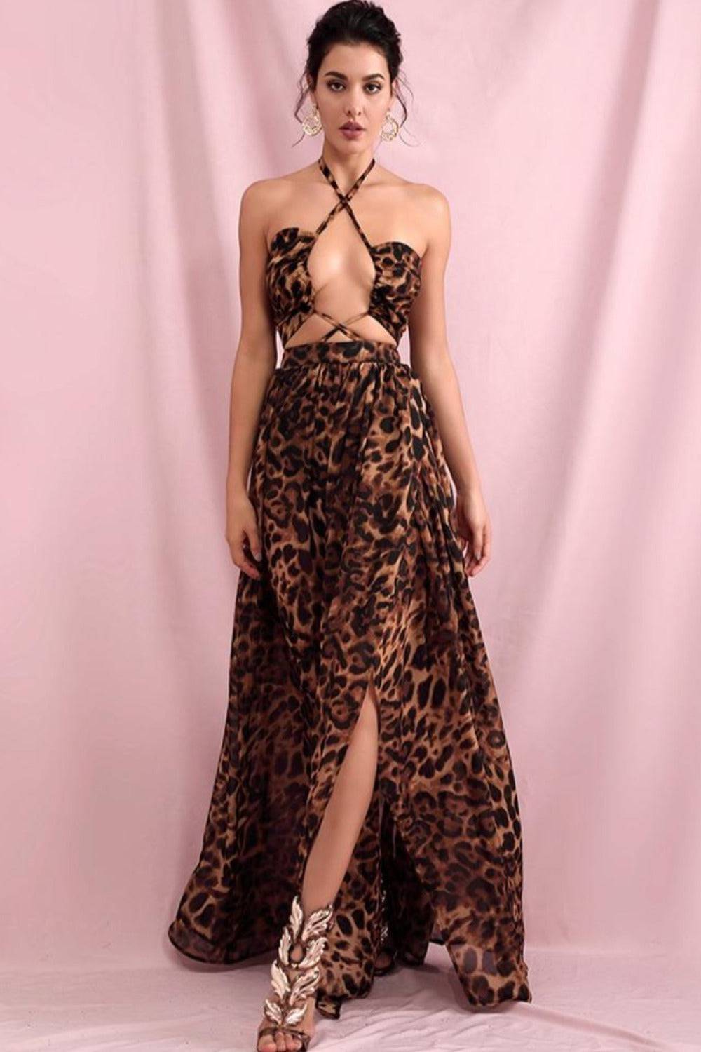 Brown Leopard Cut Out Chiffon Maxi Dress - TGC Boutique - Leopard Dress