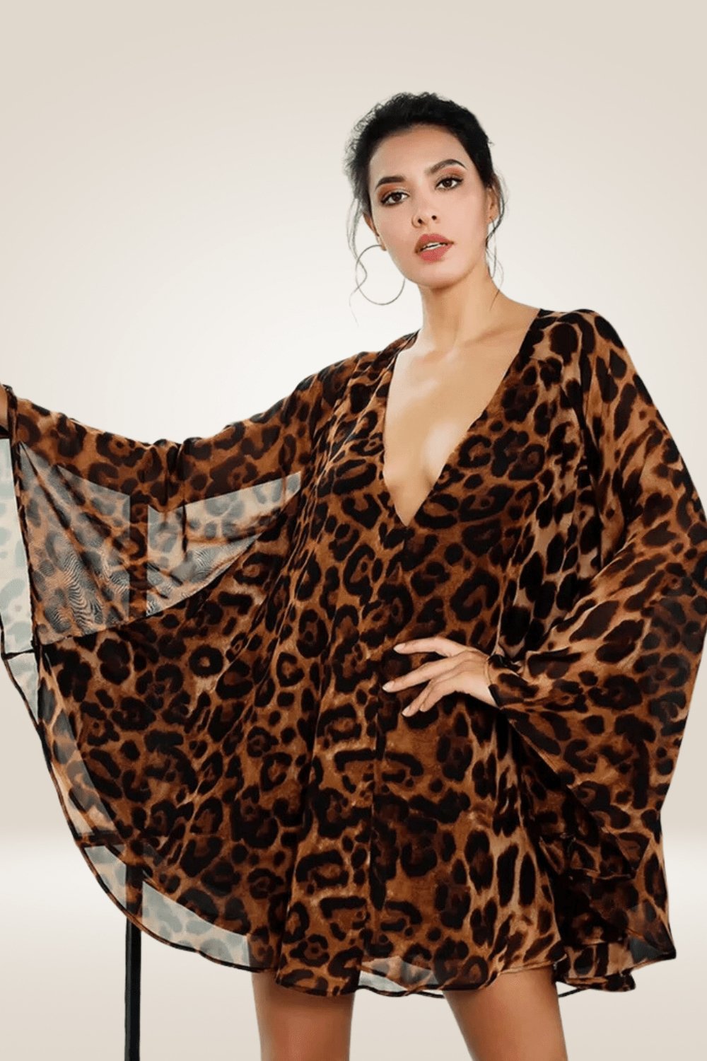 Cape Cloak Leopard Print Chiffon Jumpsuits Mini Dress - TGC Boutique - Mini Dress