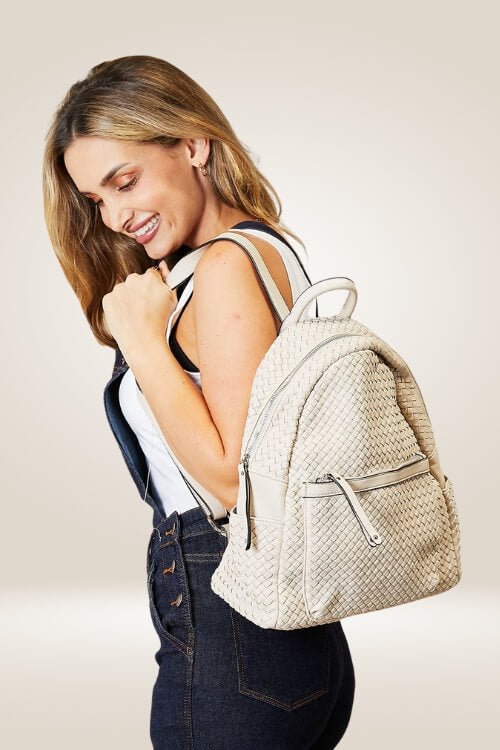 beige faux leather backpack Beige Woven Vegan Leather Backpack