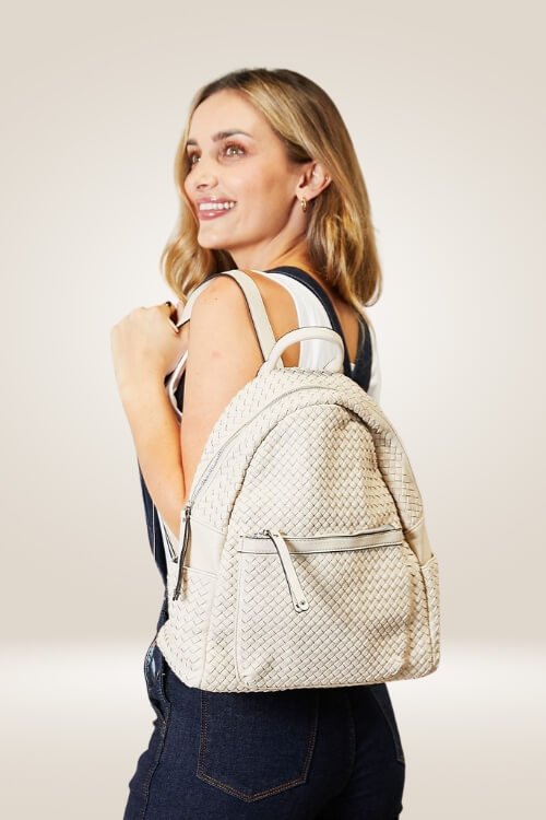Chic Beige Woven-Texture Vegan Leather Backpack - TGC Boutique - backpack