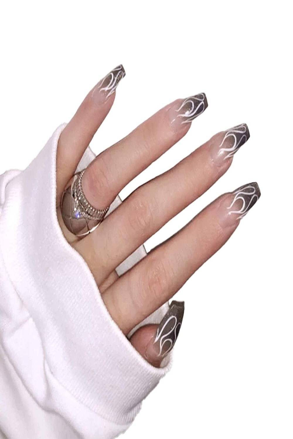 Clear Press On Nails Black Ombre Glossy Coffin Flame Nail Kit - TGC Boutique - Press On Nails