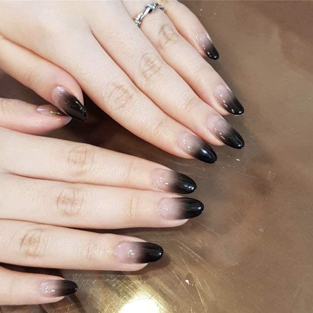 Clear Press On Nails Black Ombre Glossy French Tip Almond Nail Kit - TGC Boutique - Press On Nails