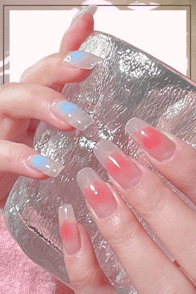 Clear Press On Nails Red French Glossy Coffin Blue Nail Kit - TGC Boutique - Press On Nails