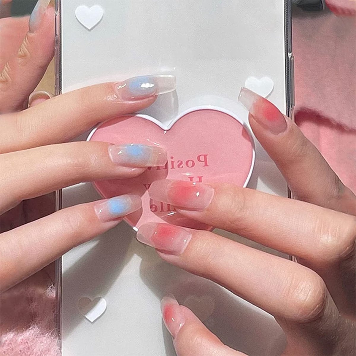 Clear Press On Nails Red French Glossy Coffin Blue Nail Kit - TGC Boutique - Press On Nails