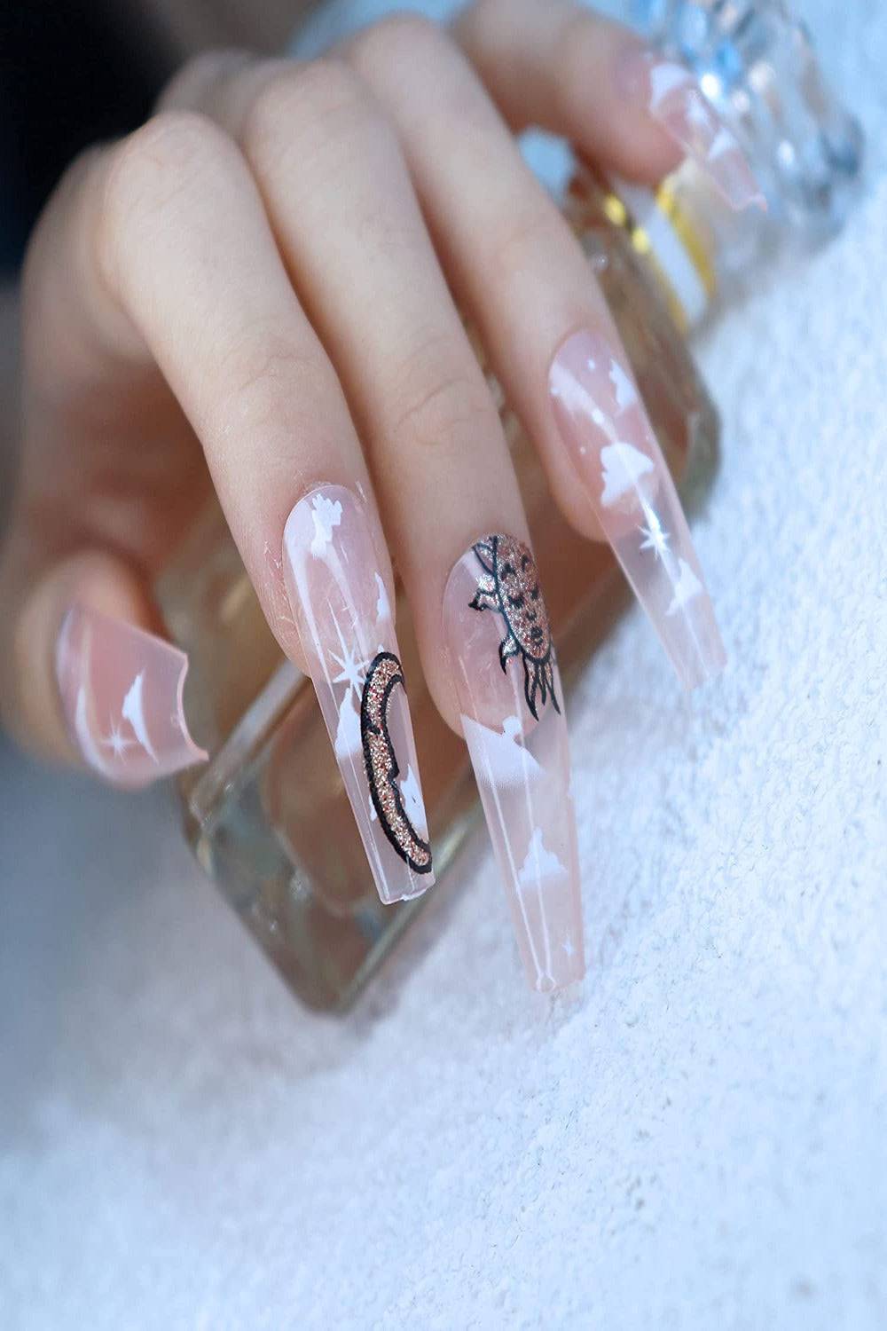 Clear Press On Nails Sun And Moon Glossy Coffin Cloud Nail Kit - TGC Boutique - Press On Nails