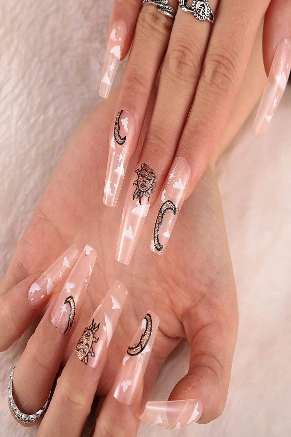 Clear Press On Nails Sun And Moon Glossy Coffin Cloud Nail Kit - TGC Boutique - Press On Nails