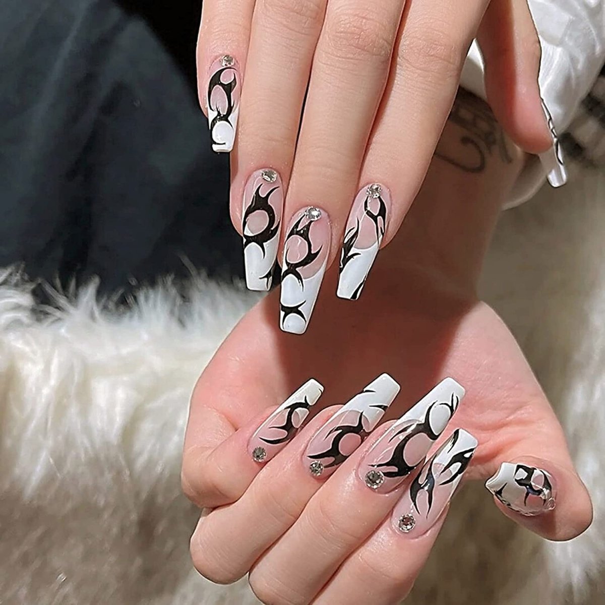 Clear Press On Nails White French Glossy Coffin Crystal Nail Kit - TGC Boutique - Press On Nails