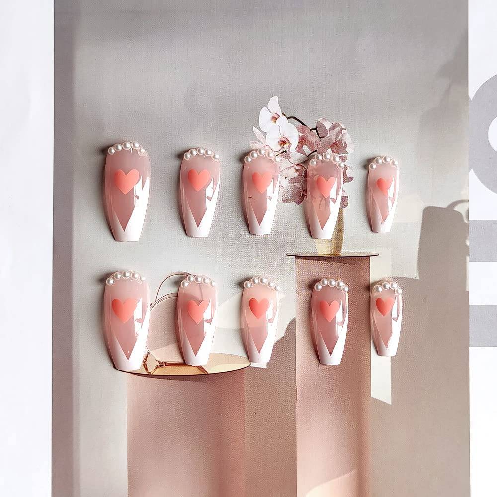 Clear Press On Nails White French Glossy Coffin Heart Nail Kit - TGC Boutique - Press On Nails