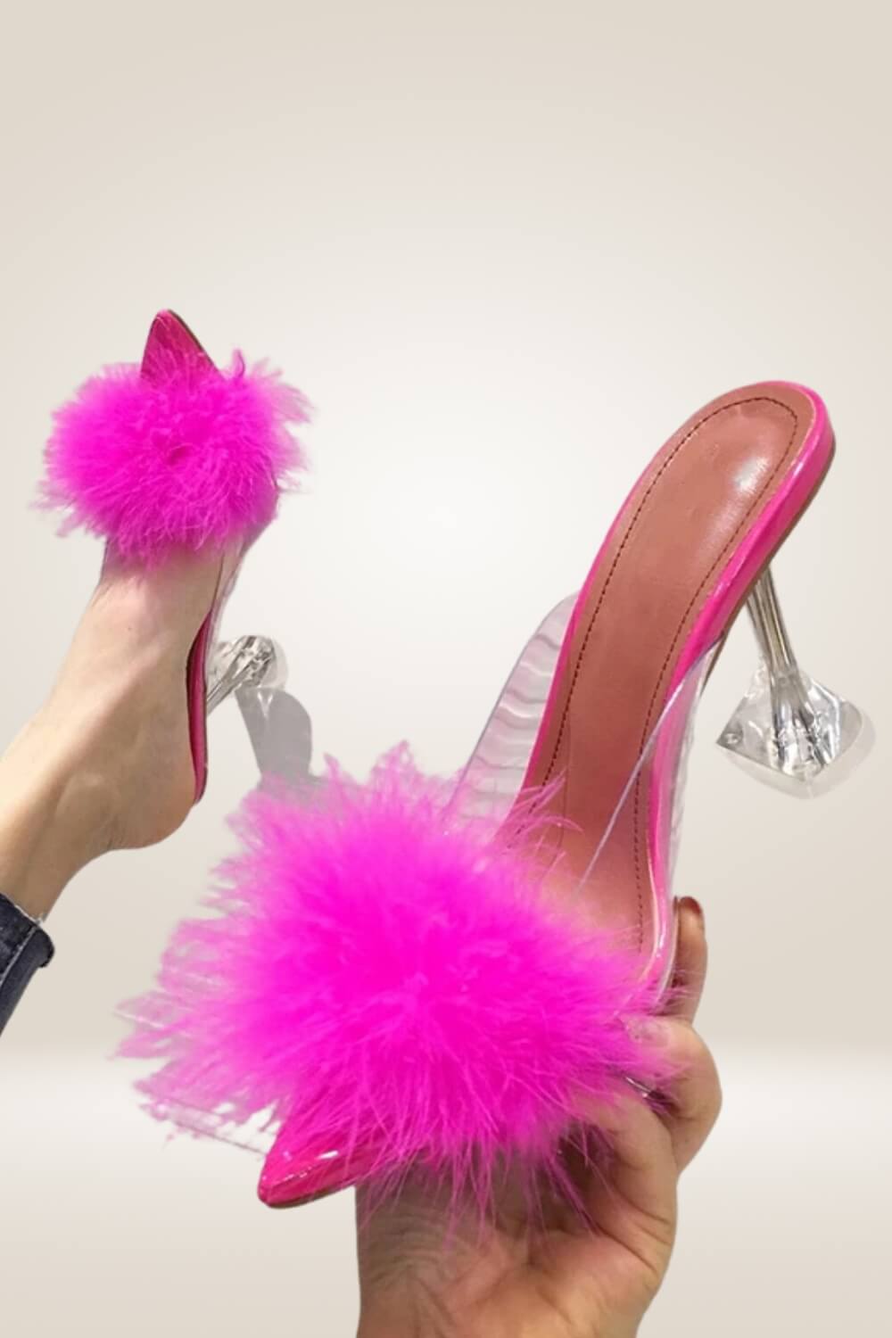 Clear Stiletto High Heel Pink Fur Sandals - TGC Boutique - Pink Heels