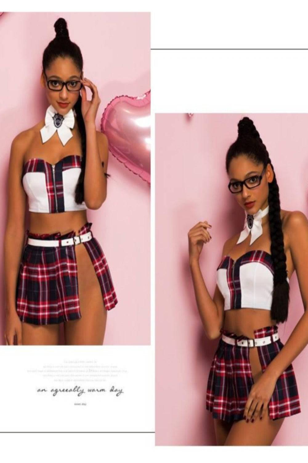 Women Sexy Lingerie School Girl Uniform Mini Skirt T-shirt Crop Tops  Cosplay Set
