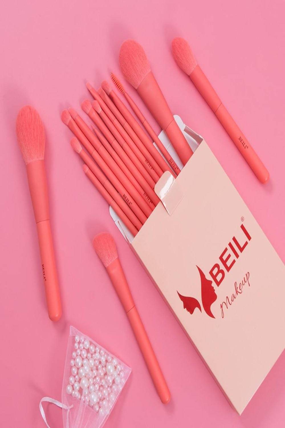 Coral Pink Vegan Nano Wool Fiber Makeup Brush Set - 15 Pcs
