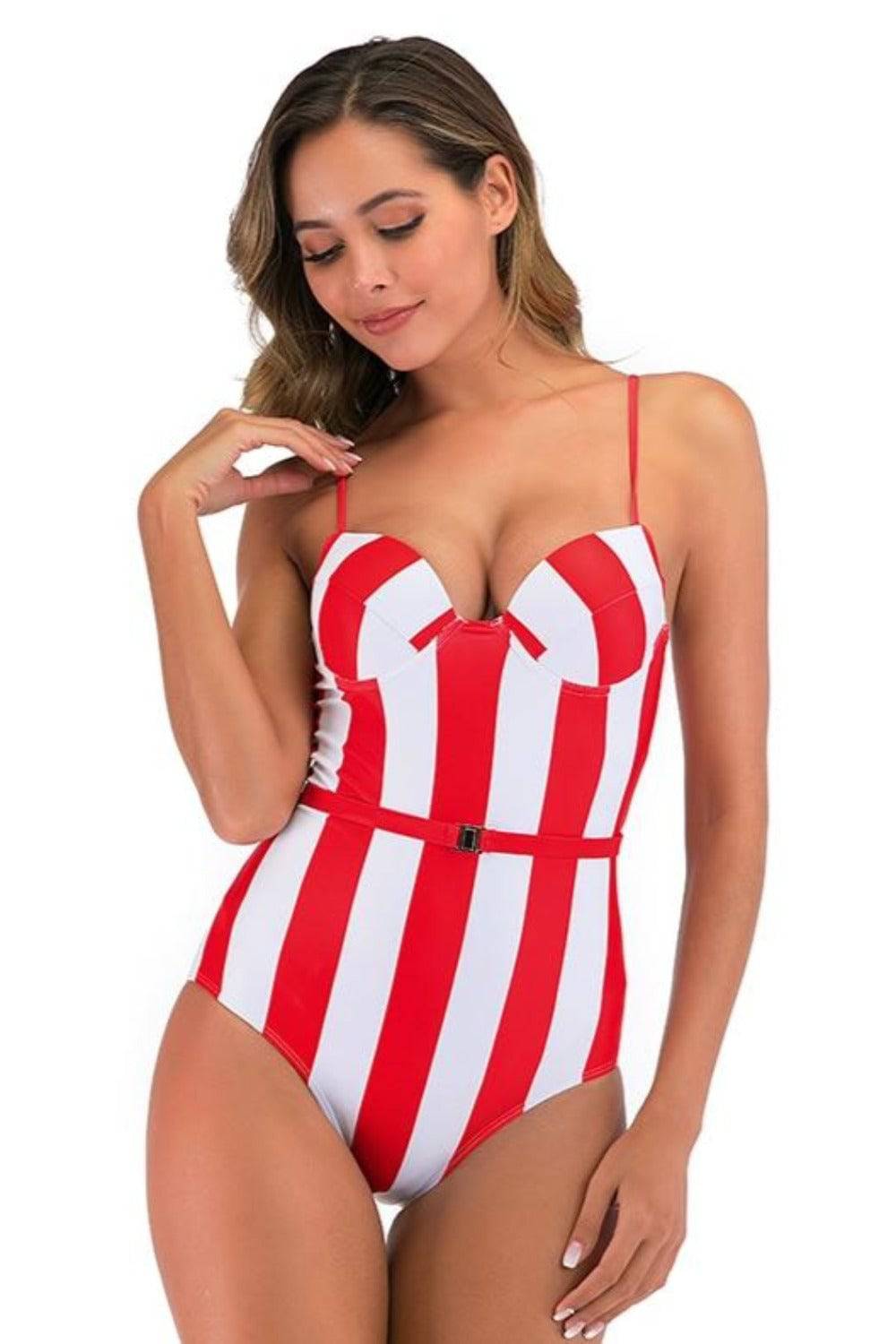 Corset Striped Bandage Plus size Swimsuit - Red - TGC Boutique - Plus Size Swimsuit