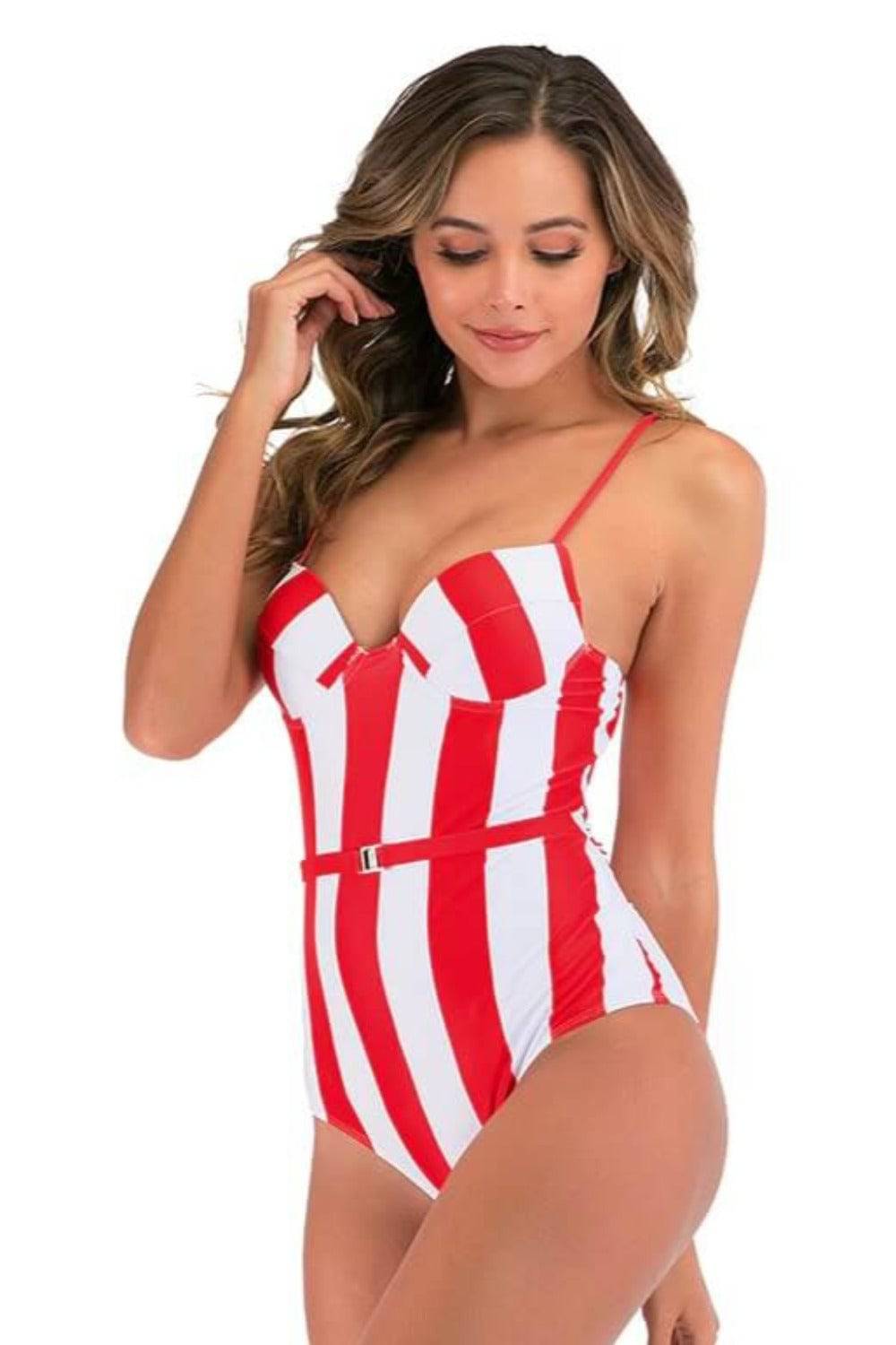 Corset Striped Bandage Plus size Swimsuit - Red - TGC Boutique - Plus Size Swimsuit