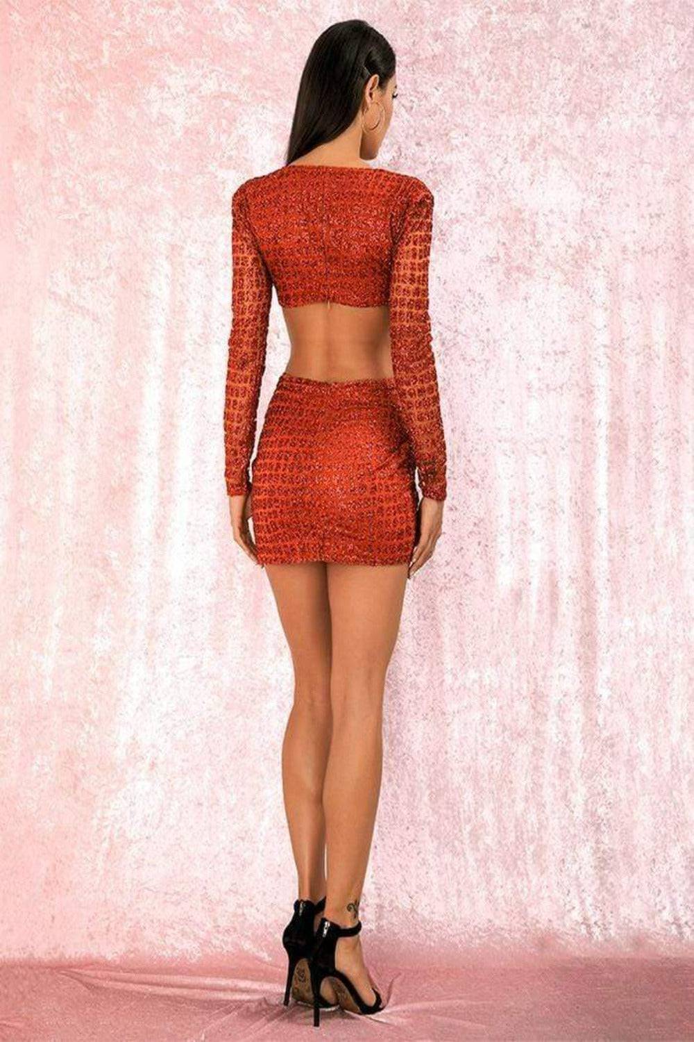 Cut Out Glitter Slim Fit Mini Dress - Orange - TGC Boutique - Mini Dress