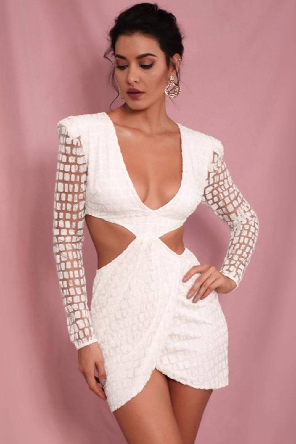 Cut Out Glitter Slim Fit Mini Dress - White - TGC Boutique - Mini Dress