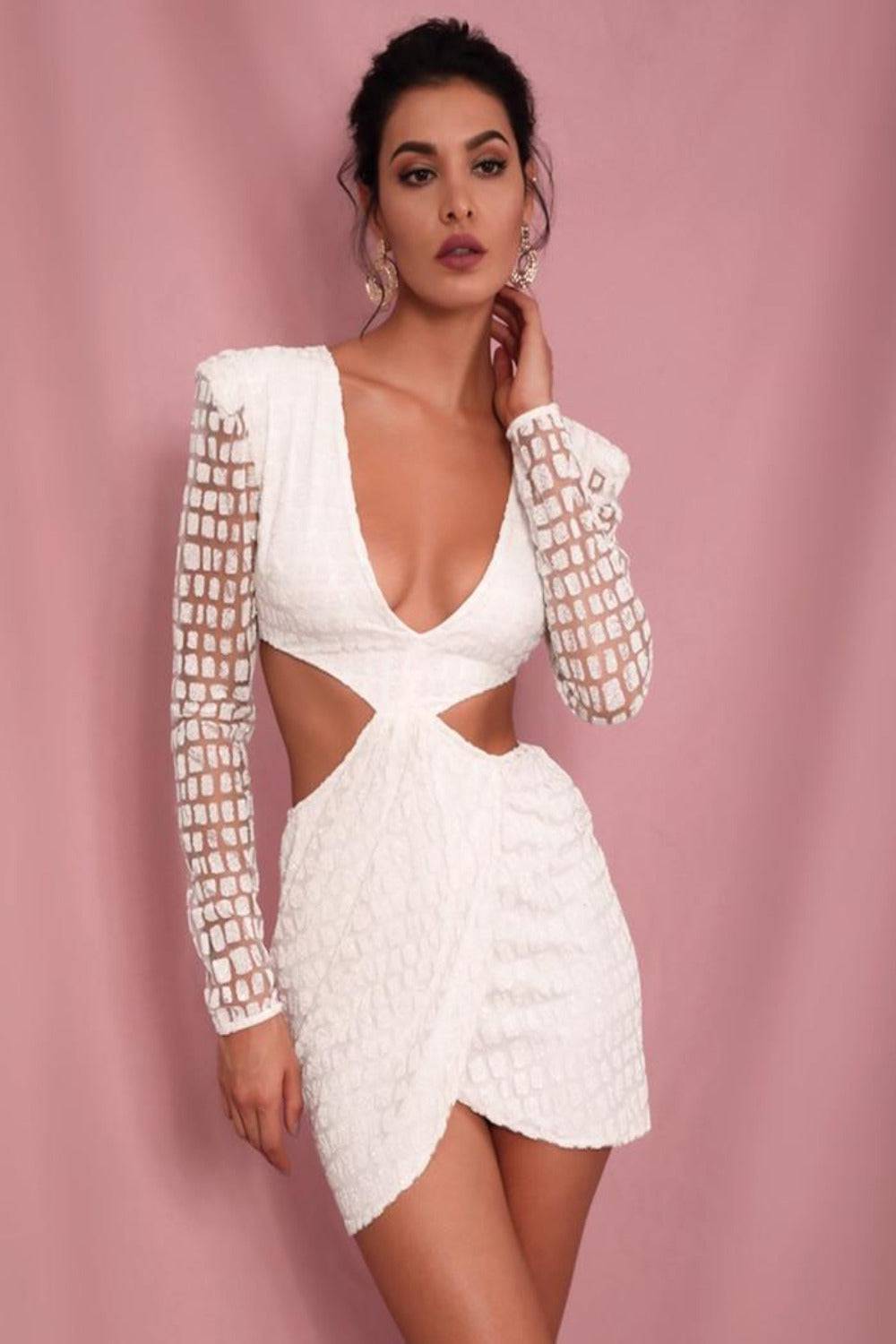 Cut Out Glitter Slim Fit Mini Dress - White - TGC Boutique - Mini Dress