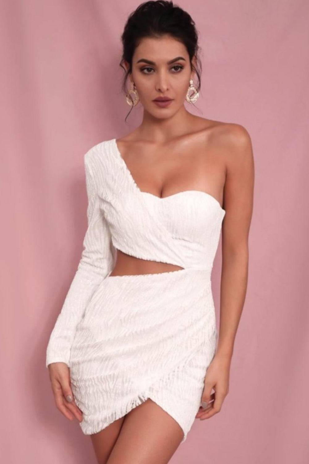 Cut Out Off The Shoulder Glitter Sequin Bodycon Mini Dress - White - TGC Boutique Cut Out Off The Shoulder Glitter Sequin Bodycon Mini Dress - White - TGC Boutique