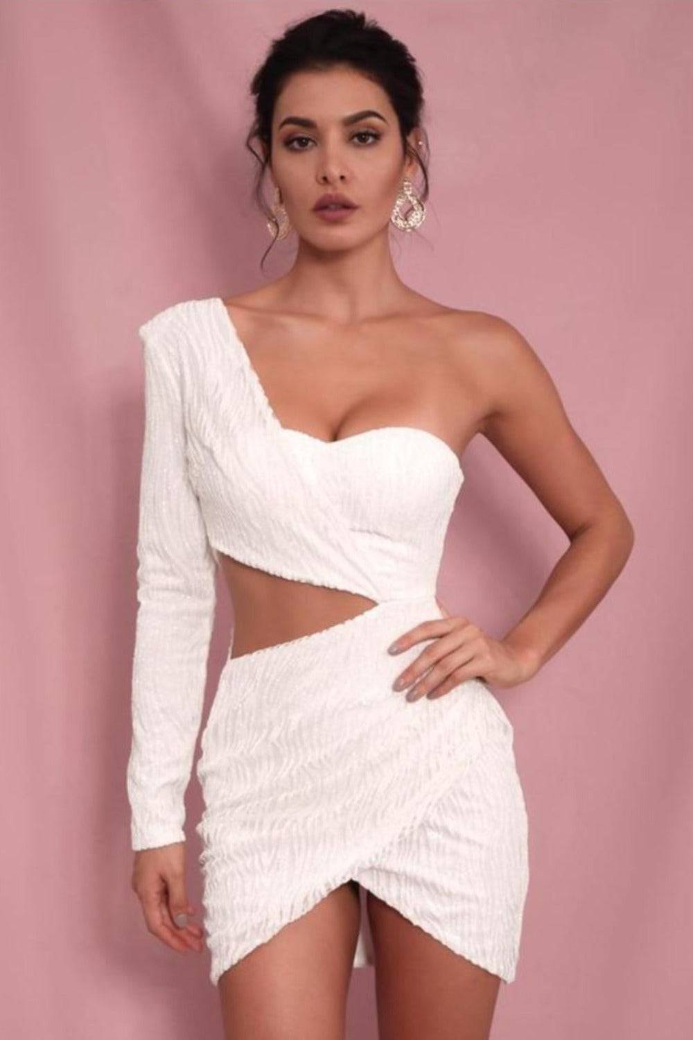 Cut Out Off The Shoulder Glitter Sequin Bodycon Mini Dress - White - TGC Boutique - Bodycon Dress
