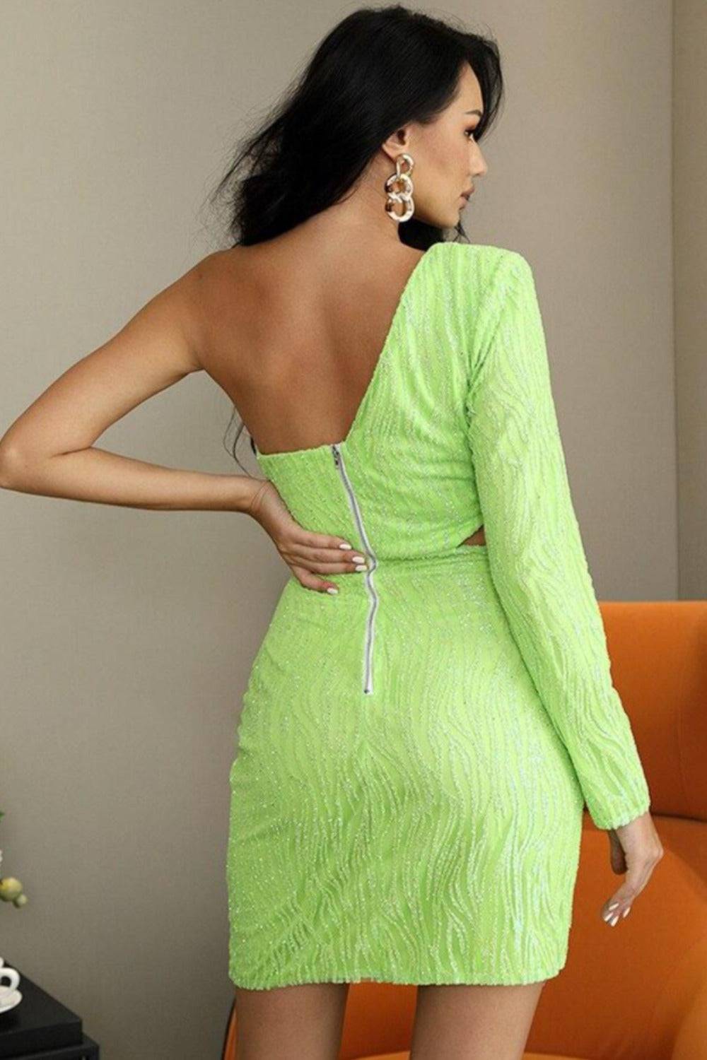 Cut Out Single Sleeve Glitter Beads Bodycon Dress - Light Green - TGC Boutique - Mini Dress