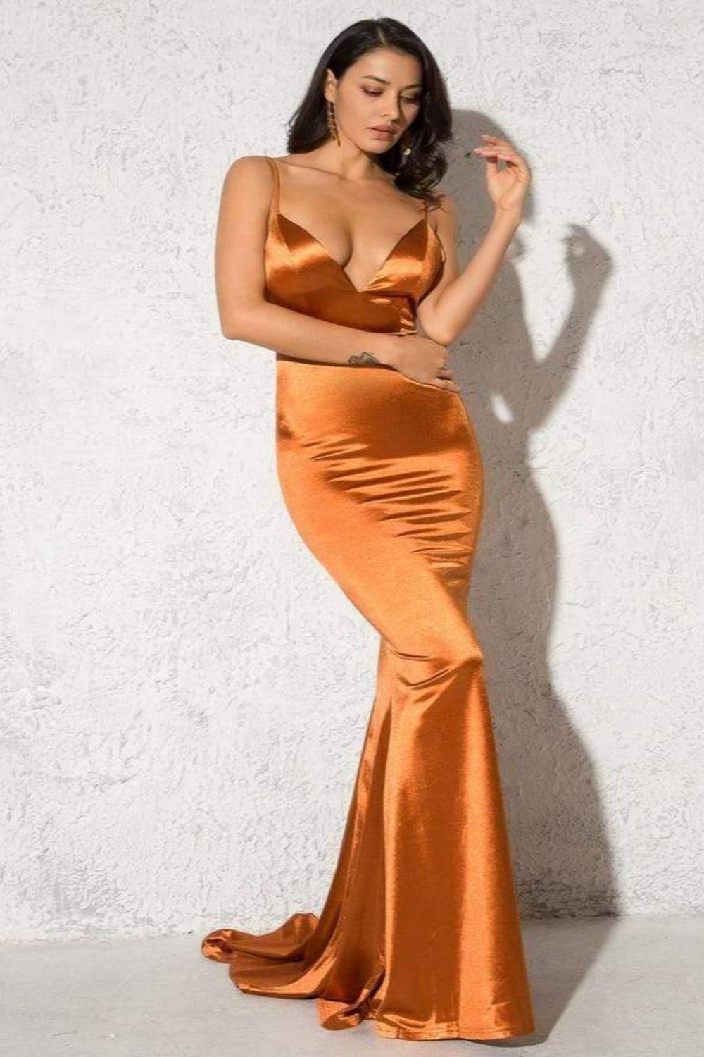 Deep V-Neck Open Back Orange Satin Dress - TGC Boutique - Evening Gown