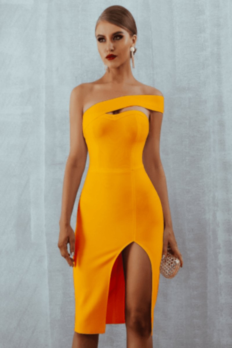 Delicate Diva High Slit Off The Shoulder Midi Bodycon Dress - TGC Boutique - Bodycon Dress