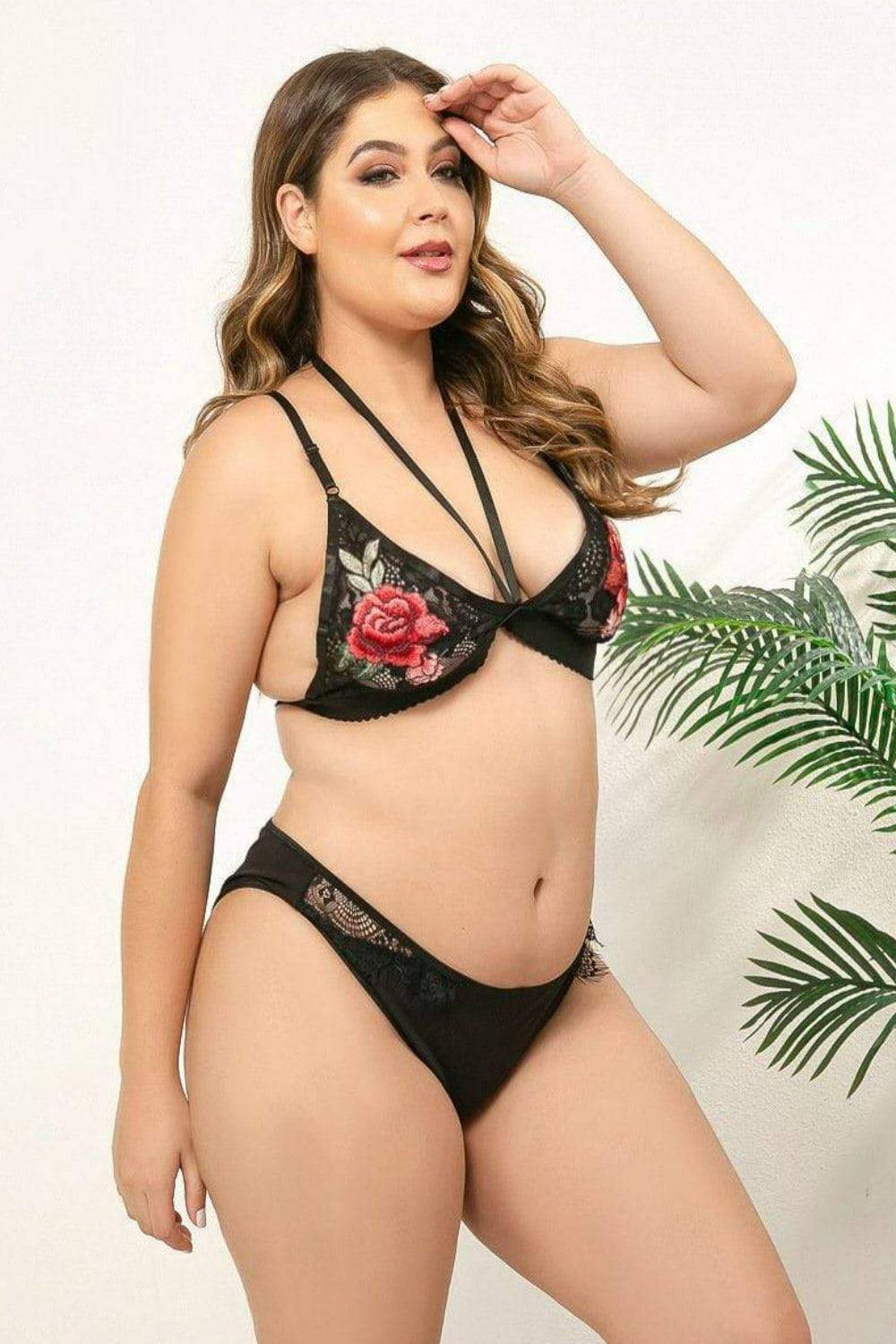 Desert Rose Plus Size Bra Underwear Lingerie Set - TGC Boutique - Black Lingerie