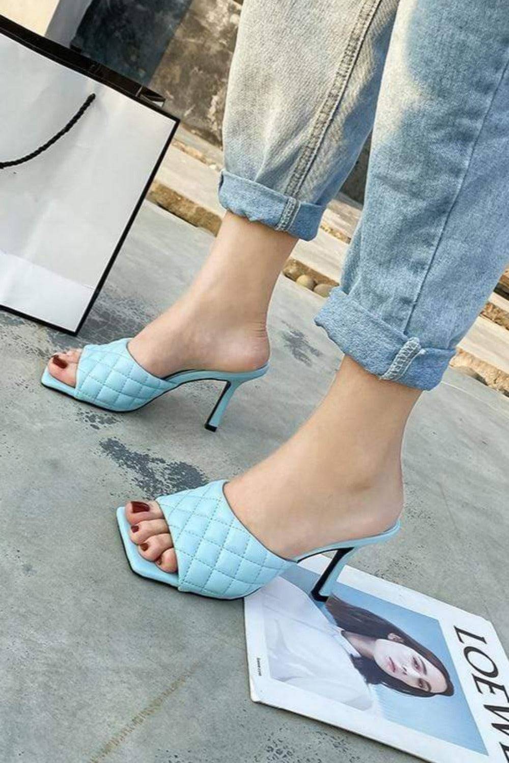 Diamond Peep Toe High Heel Braided Weave Slipper Sandals - Blue - TGC Boutique - shoes