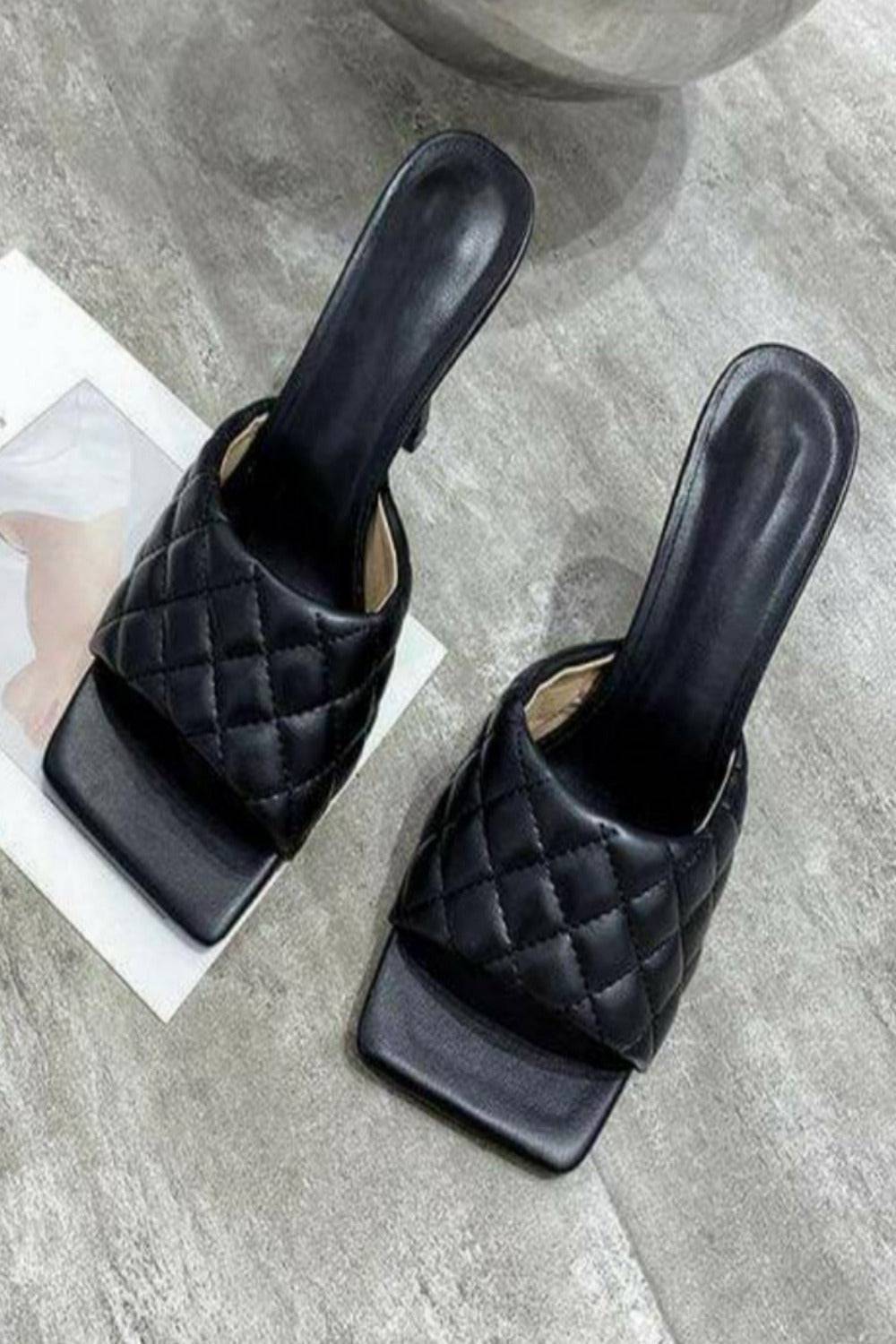 Diamond Peep Toe High Heel Slipper Sandals - Black - TGC Boutique - Black Shoes