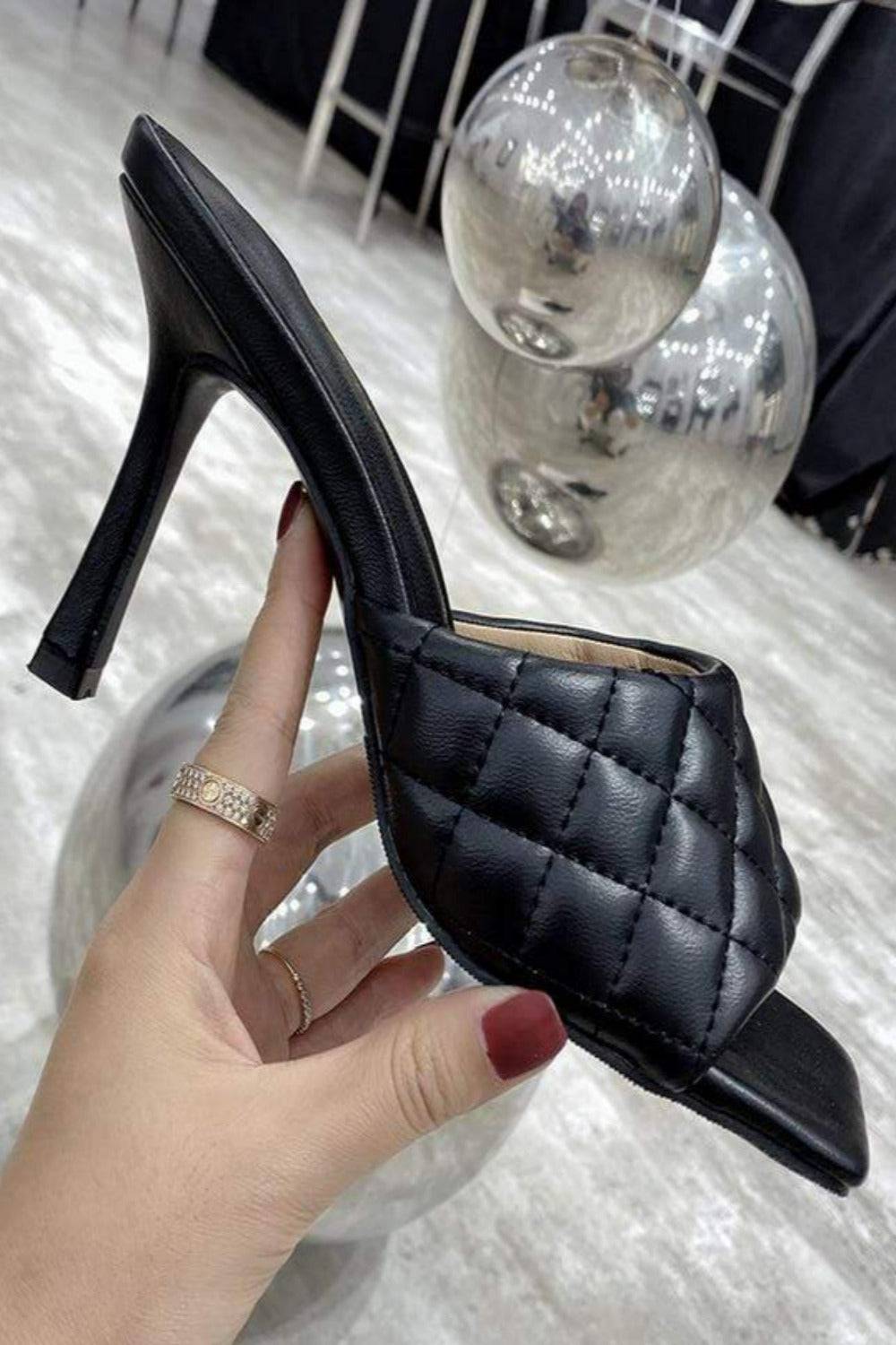 Diamond Peep Toe High Heel Slipper Sandals - Black - TGC Boutique - Black Shoes