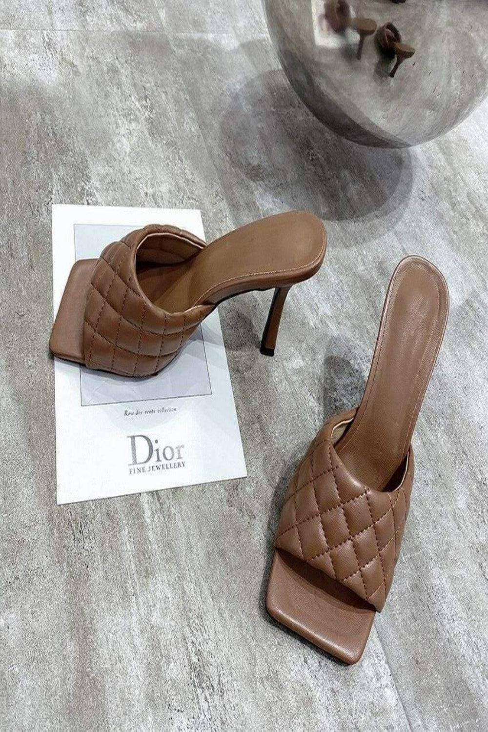 Diamond Peep Toe High Heel Slipper Sandals - Brown - TGC Boutique - Brown Shoes