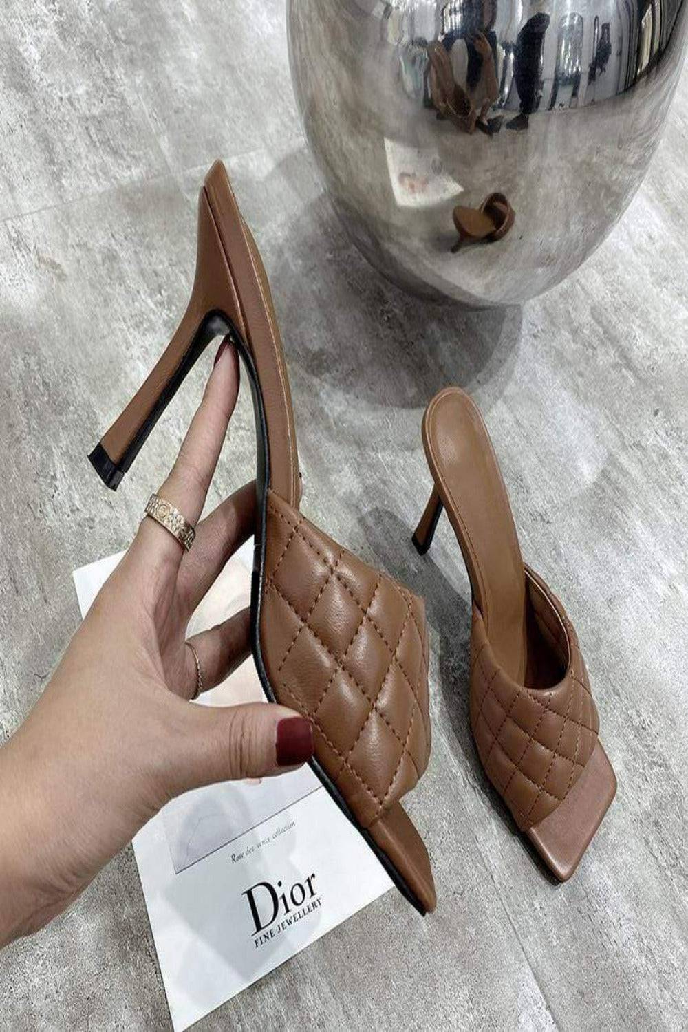 Diamond Peep Toe High Heel Slipper Sandals - Brown - TGC Boutique - Brown Shoes