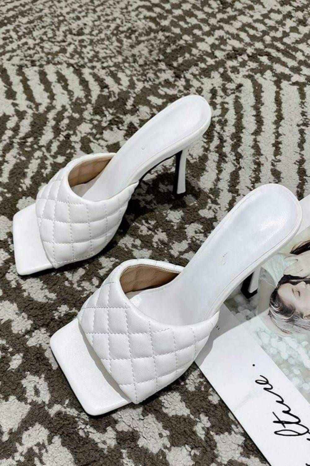 Diamond Peep Toe High Heel Slipper Sandals - White - TGC Boutique - White Shoes