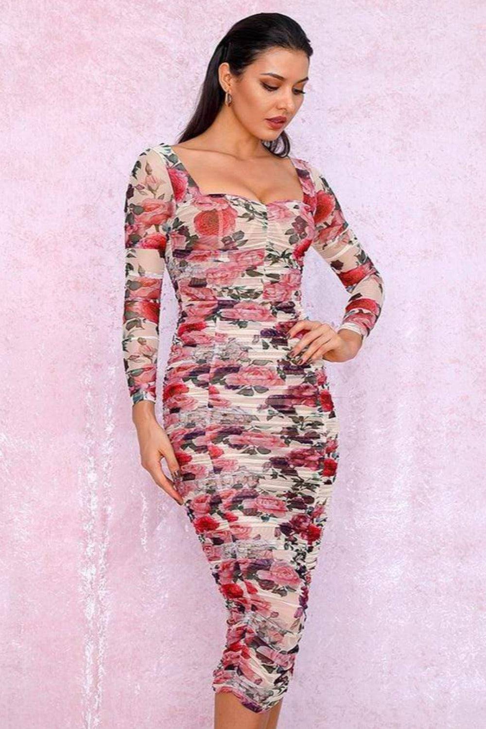 Elastic Floral Print Mesh Bodycon Midi Dress - TGC Boutique - Bodycon Dress